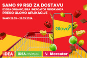 Dostava preko aplikacije Glovo iz IDEA, IDEA organic i Mercator prodavnica.
